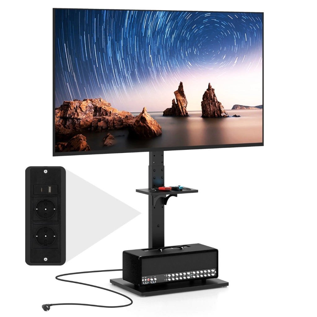 Supporto TV da pavimento con presa di corrente in altezza e inclinazione, Supporto TV universale per TV con ripiano av regolabile Nero-Mobili porta TV