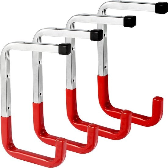 Montaggio di soffitto per garage, organizzatore di grucce metalliche per attrezzi da giardino, scale, biciclette, sedie (4-pack, rosso)