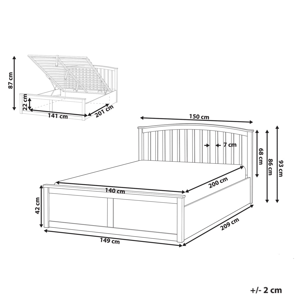 Letto matrimoniale in legno di pino con contenitore bianco con rete sollevabile 140 x 200 cm