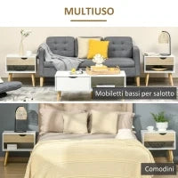 Set di 2 Comodini Moderni con Cassetto e Mensola, Base Rialzata e Gambe in Legno, 50x39x51cm, Bianco e Rovere