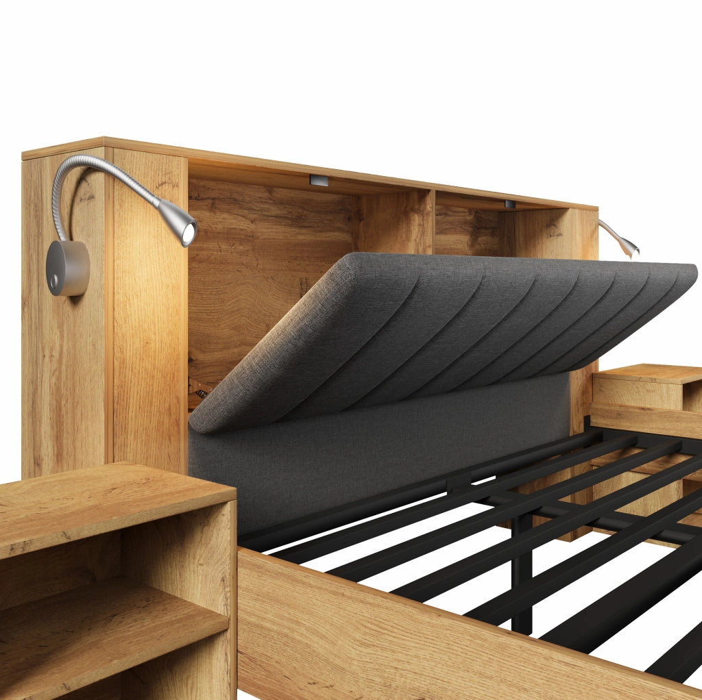 Letto matrimoniale 180x200 cm in legno con testiera reclinabile in lino; LED; USB; comodini e panca contenitore; colore rovere