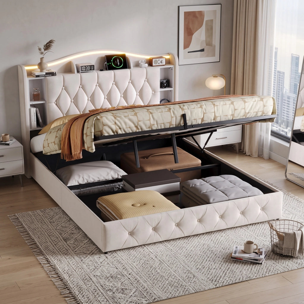 Letto matrimoniale 160x200 cm con contenitore LED RGB USB testiera rete a doghe velluto metallo legno - beige