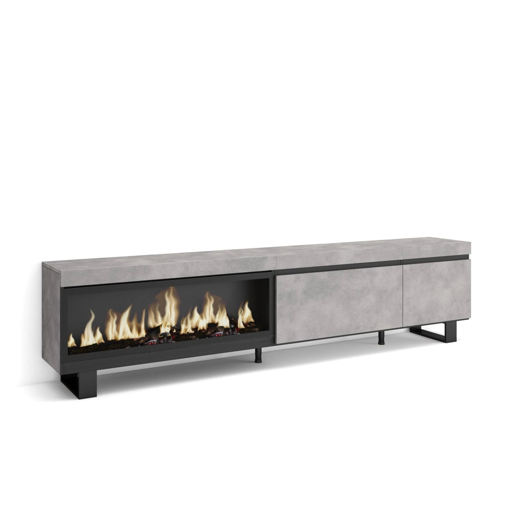 Mobile TV Soggiorno, 237x35x57cm, TV di grande formato, Camino elettrico XXL, Design industriale, grigio cemento RF3588