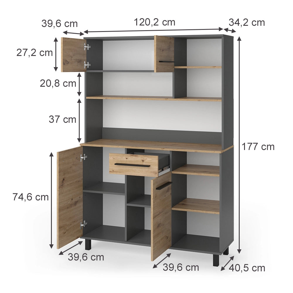 Vicco Buffet da cucina Rovere artigianale/Antracite 120.2 x 40.5 cm