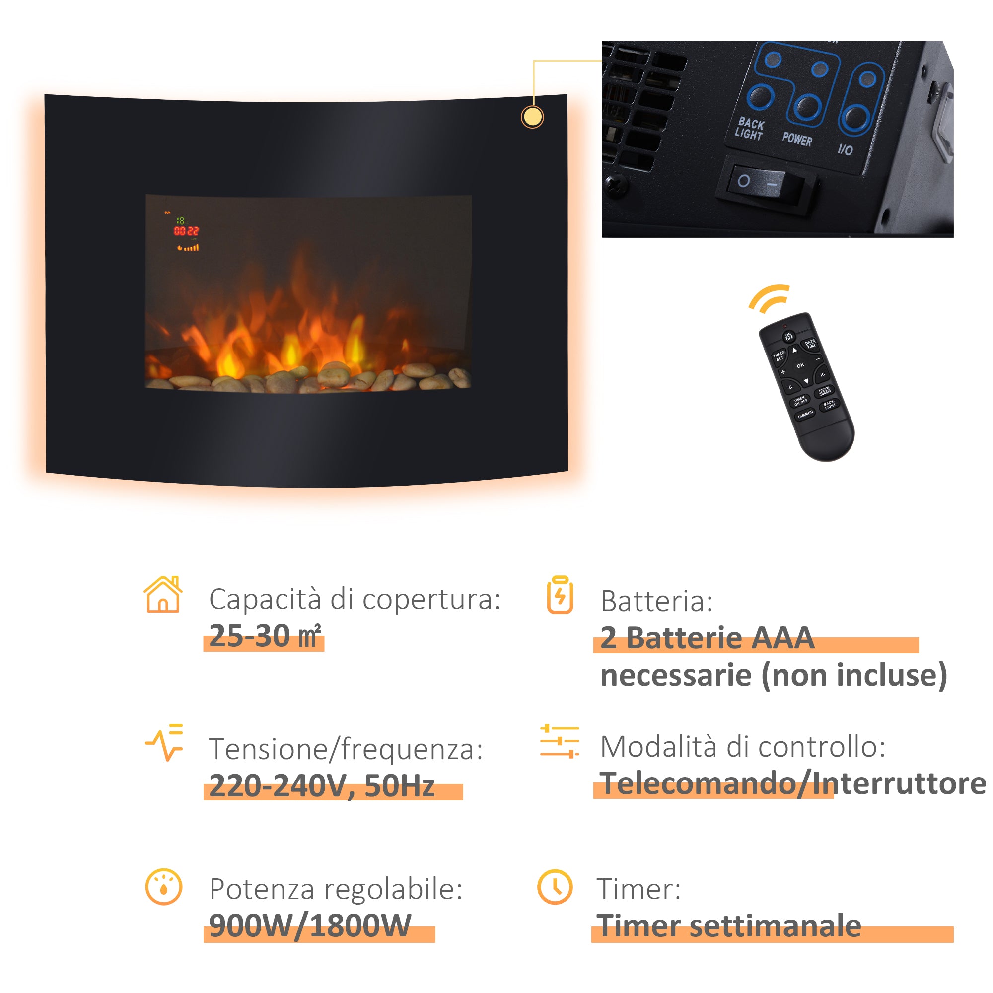 Camino Elettrico da Parete con 2 Livelli di Riscaldamento 900-1800W Fiamma 7 Colori e Telecomando Nero