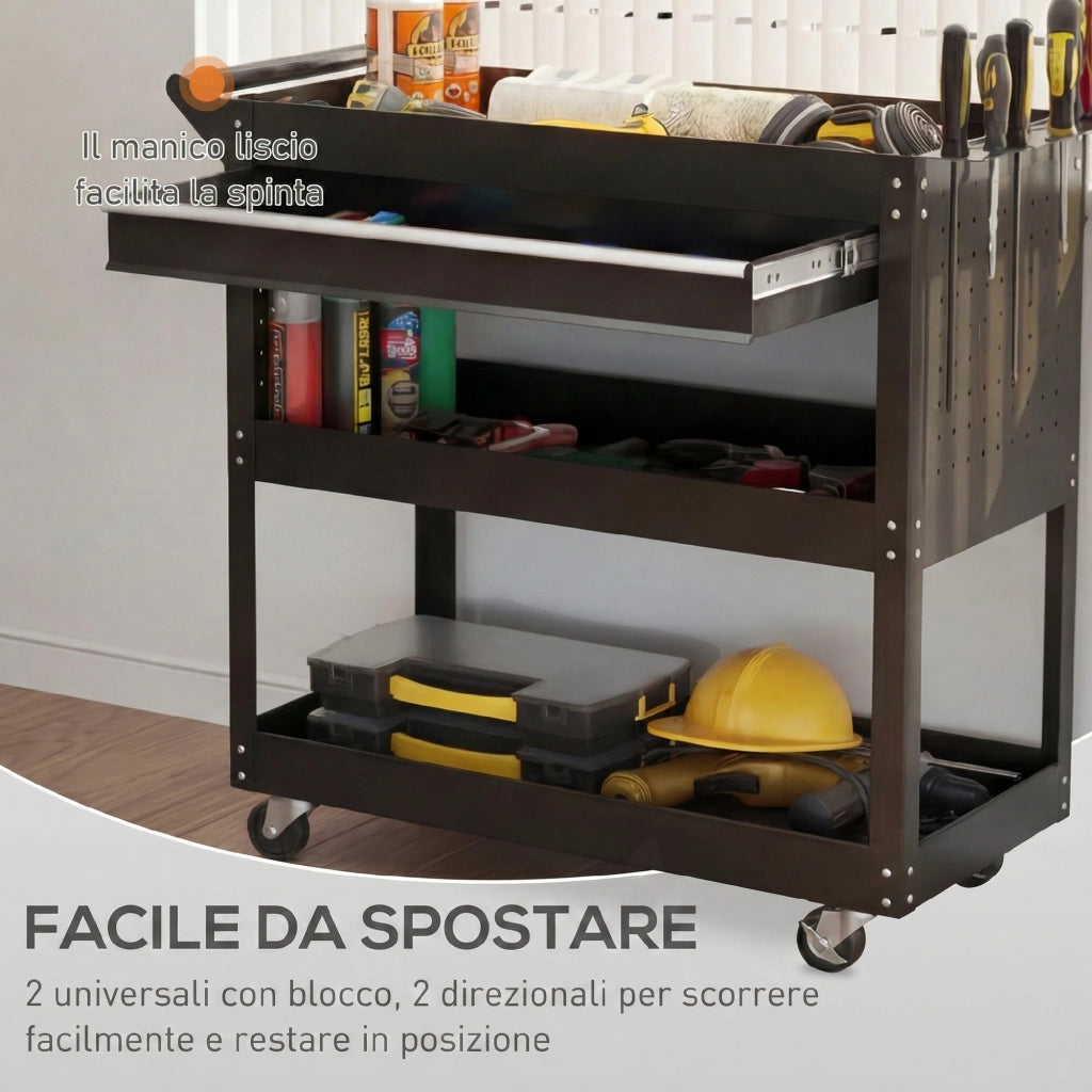 Carrello 3 Livelli 82x35x76 cm con Cassetto Porta Utensili Laterale e Maniglia in Acciaio Nero