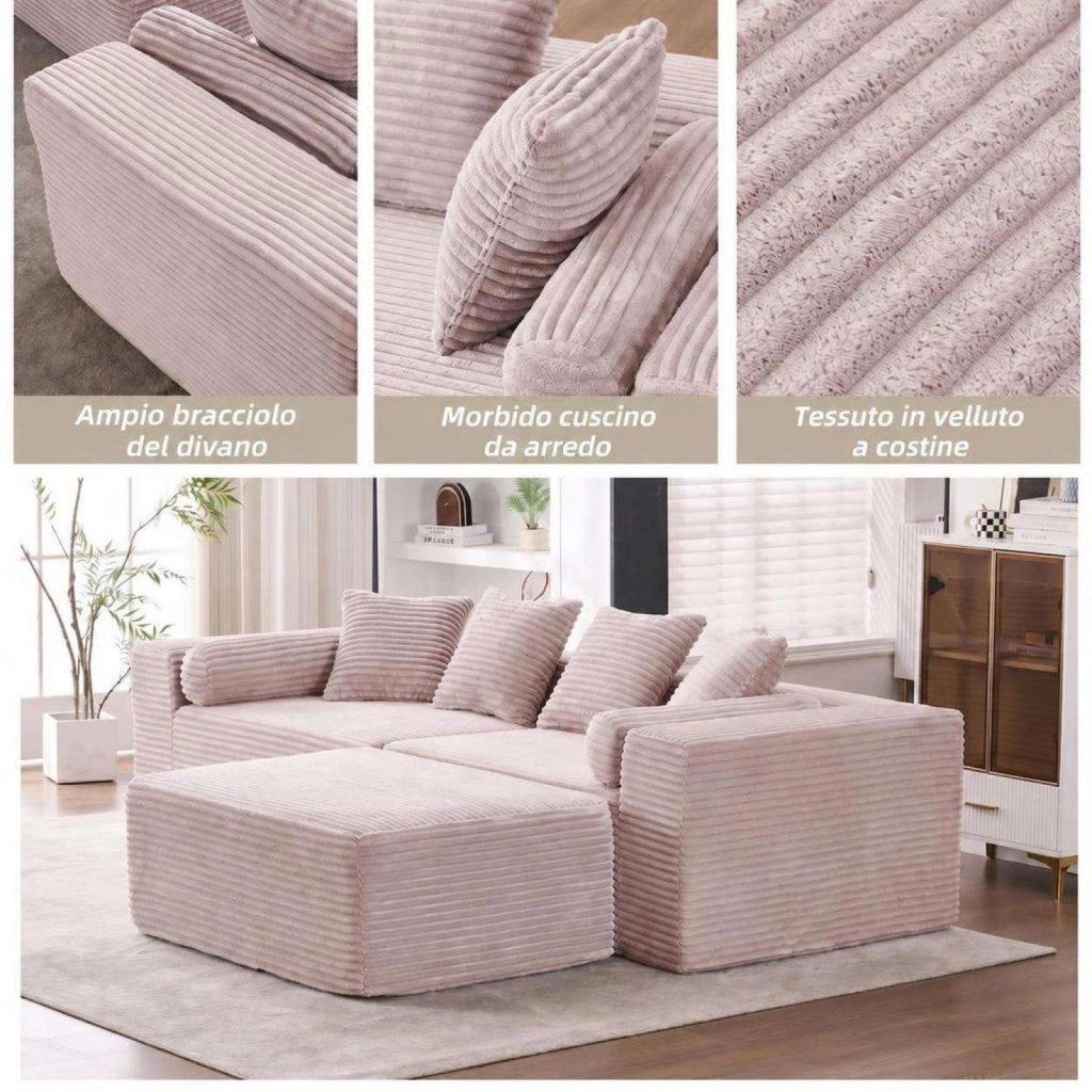 Divano a L, divano componibile, seduta morbida come una nuvola, tessuto chenille, beige