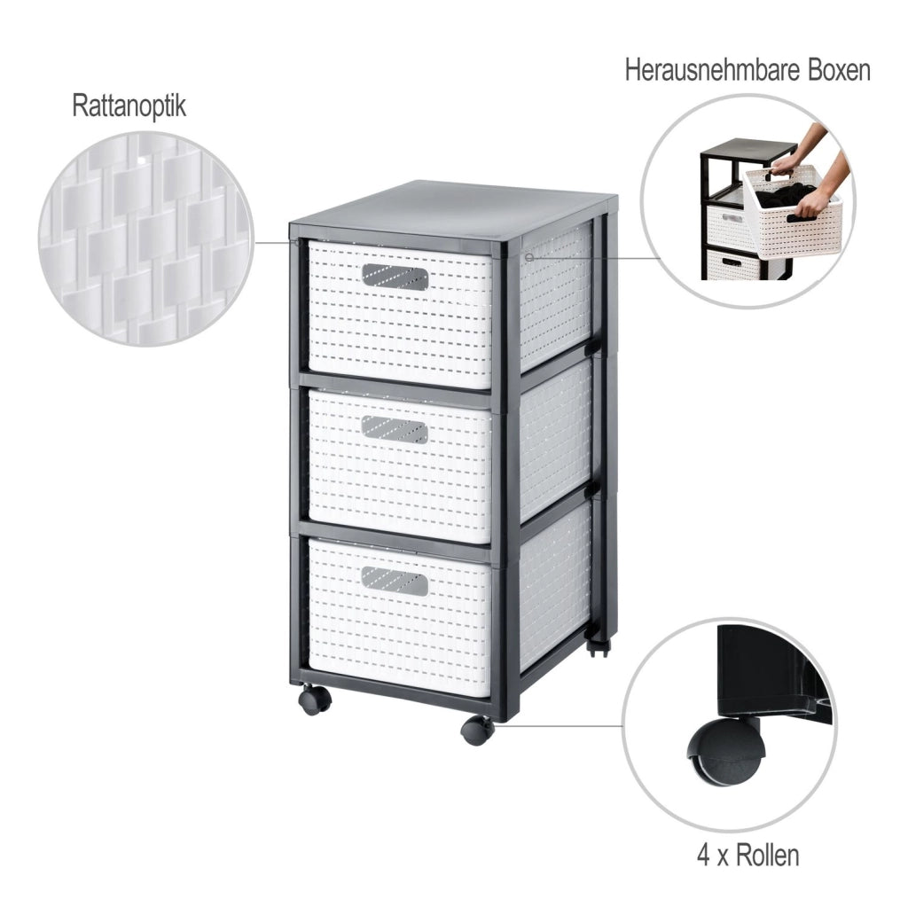 Rotho Country Contenitore Arrotolabile con 3 Cassetti in Rattan, Plastica (PP) senza BPA, colore Bianco, 3 x A4/18 L, 37.5 x 32.5 x 71.2 cm