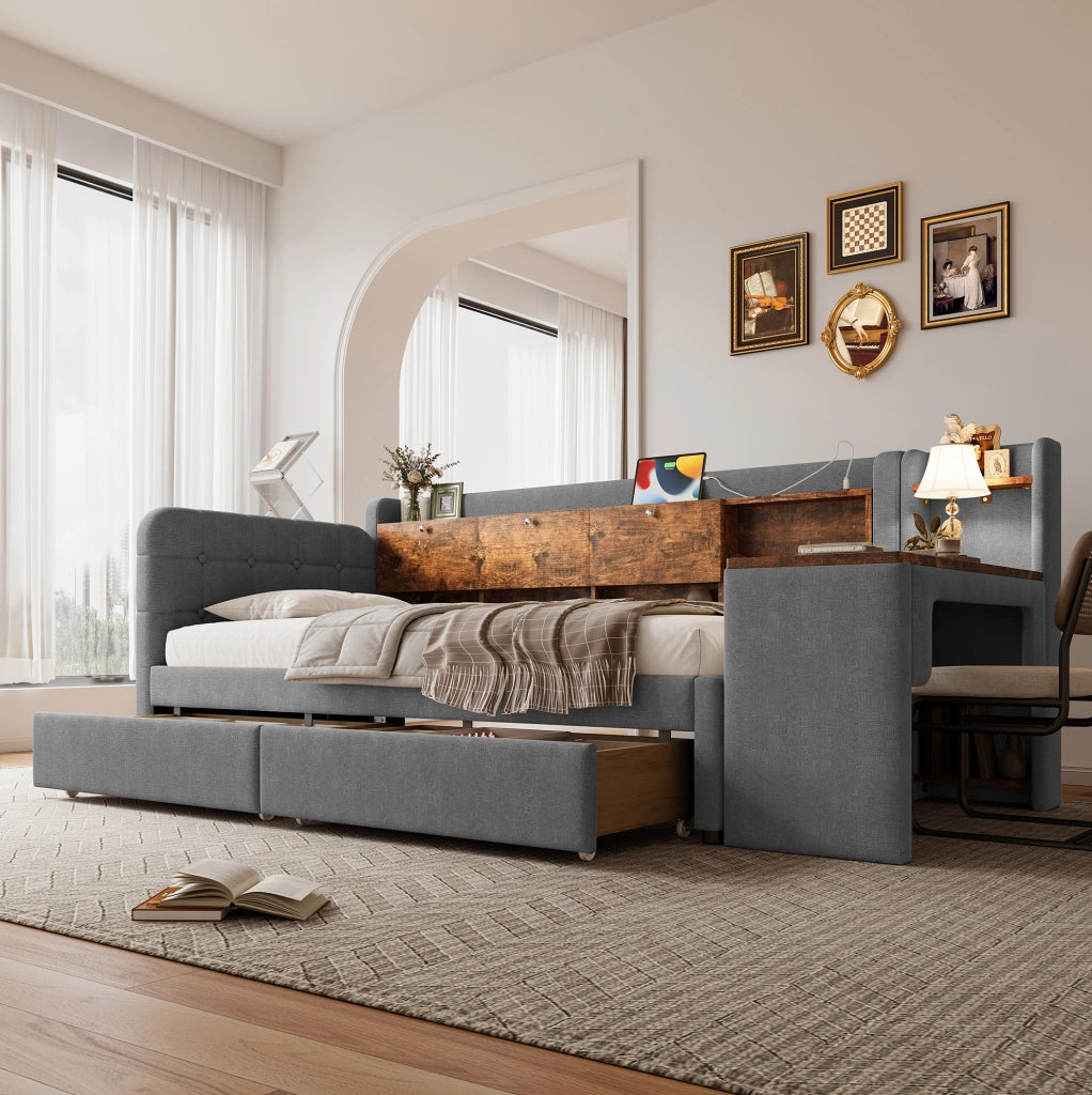 Letto da giorno 90x200 cm con cassetti, scrivania e porte USB