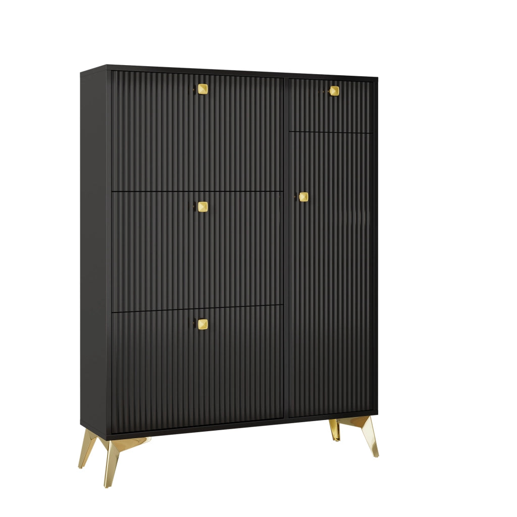 Scarpiera moderna stretta con 3 ante ribaltabili, 1 cassetto e 1 sportello, colore nero, 90 x 25 x 121 cm