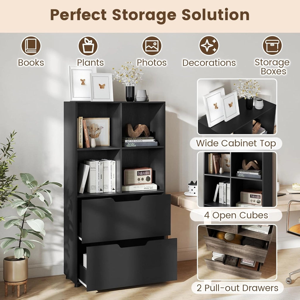 Libreria Scaffale in Legno con 4 Cubi e 2 Cassetti, Libreria Chiusa con Dispositivo Antiribaltamento, Mobile per Soggiorno, Ufficio, Camera da Letto, 70 x 33,5 x 130 cm (Nero)