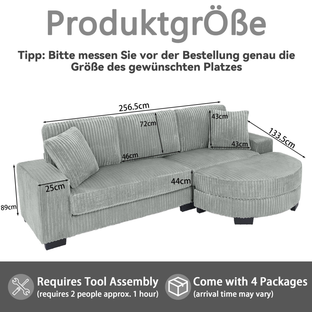 Divano angolare modulare a L con pouf ovale e 2 cuscini in corduroy, seduta confortevole grigio 256.5 × 133.5 × 89 cm