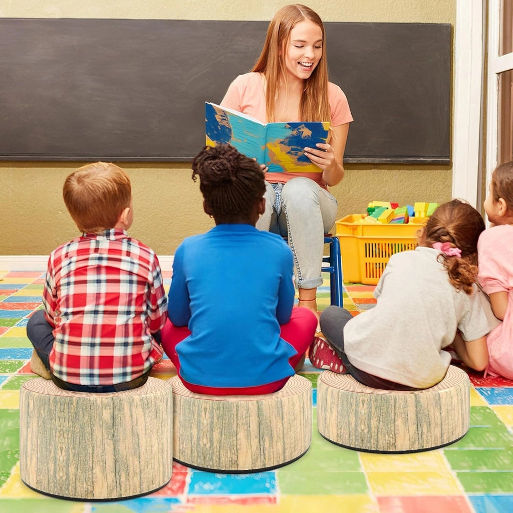Set di 3 Sgabelli a Ceppo d'Albero, Cuscini da Pavimento per Bambini con Stampa Legno, Decorazione Naturale e Altezze Diverse, Sgabelli Rotondi per Aula, Casa e Asilo (Naturale)