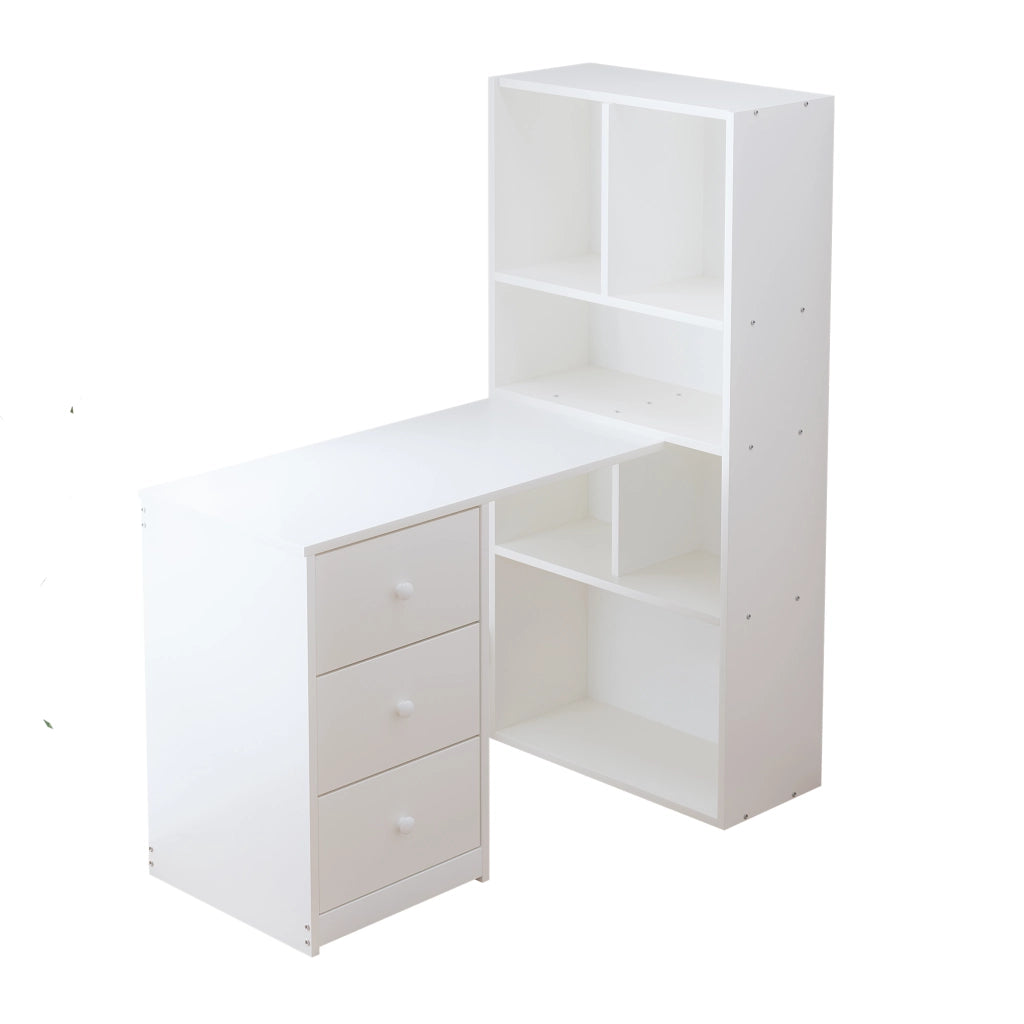 Scrivania angolare con libreria 4 ripiani e 3 cassetti per home office in legno bianco 117 × 63 × 135 cm