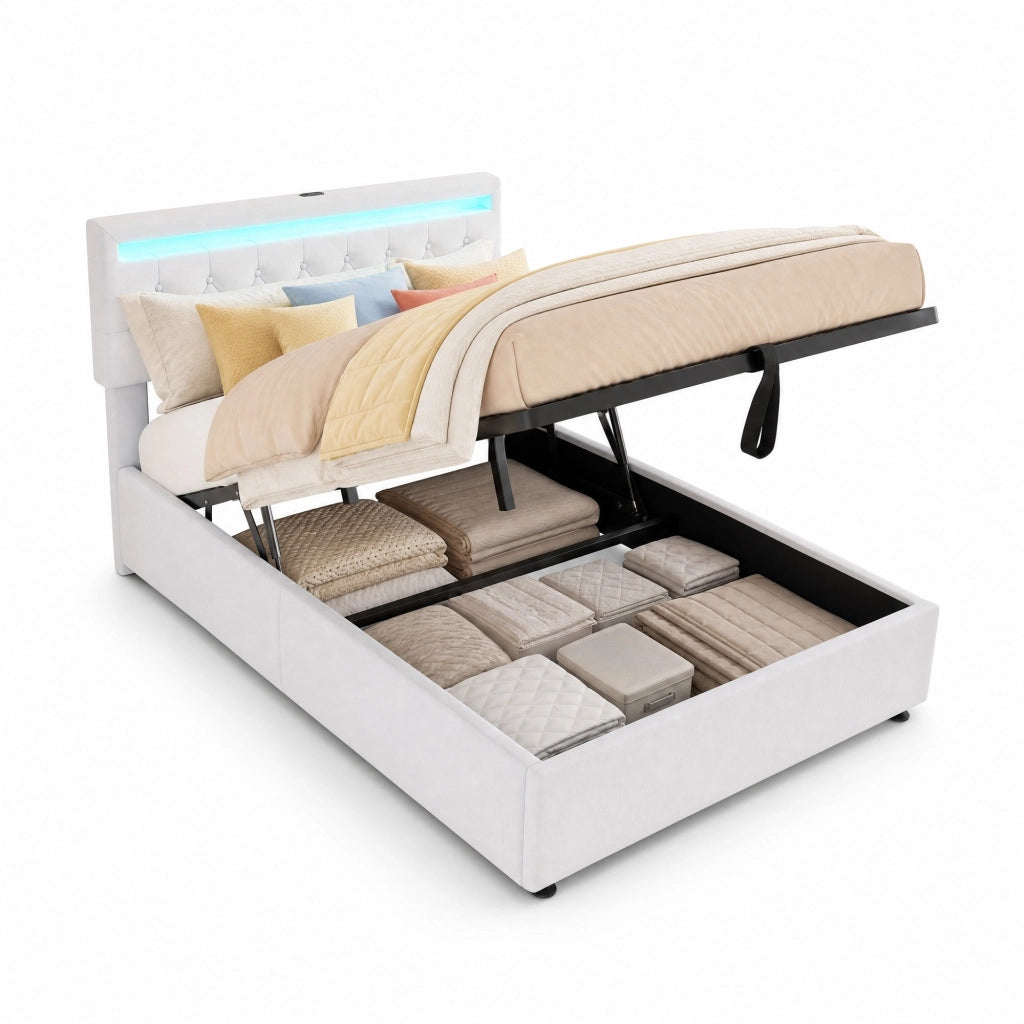 Letto matrimoniale 140x200 cm imbottito con contenitore; LED integrato; porte USB e USB-C; bianco