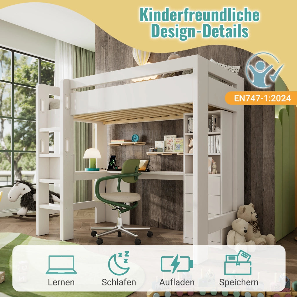 OKWISH Letto a Soppalco 90×200 cm, Letto Singolo con Scrivania ad L, 3 Mensole, 3 Cassetti, USB e Tipo C, senza Materasso, Legno, Bianco