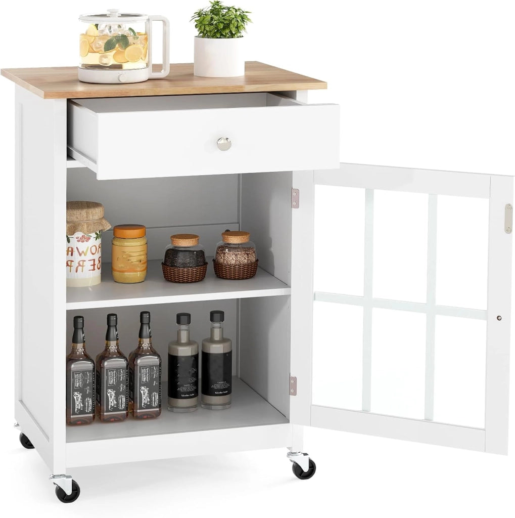 Carrello da cucina con 1 cassetto e 1 scomparto recintato con porta in vetro trasparente, carrello mobile con piano spazioso e 4 ruote, ripiano regolabile, maniglia di spinta laterale