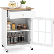Carrello da cucina con 1 cassetto e 1 scomparto recintato con porta in vetro trasparente, carrello mobile con piano spazioso e 4 ruote, ripiano regolabile, maniglia di spinta laterale