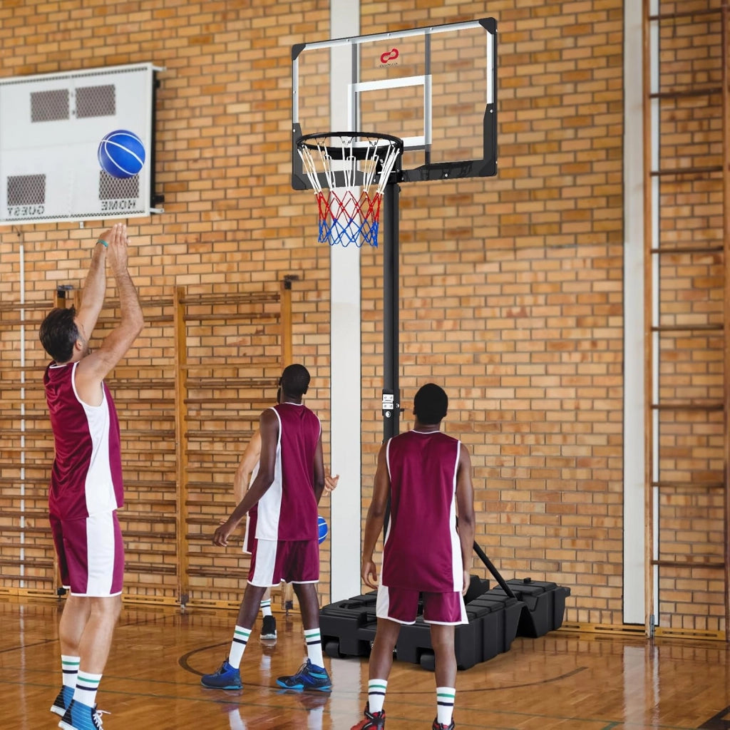 Canestro da Basket da Esterno ed Interno, Canestro da Basket Professionale e Pieghevole con Altezza Regolabile 230-305 cm, Tabellone in PC Infrangibile e Base Mobile con Ruote e Riempibile