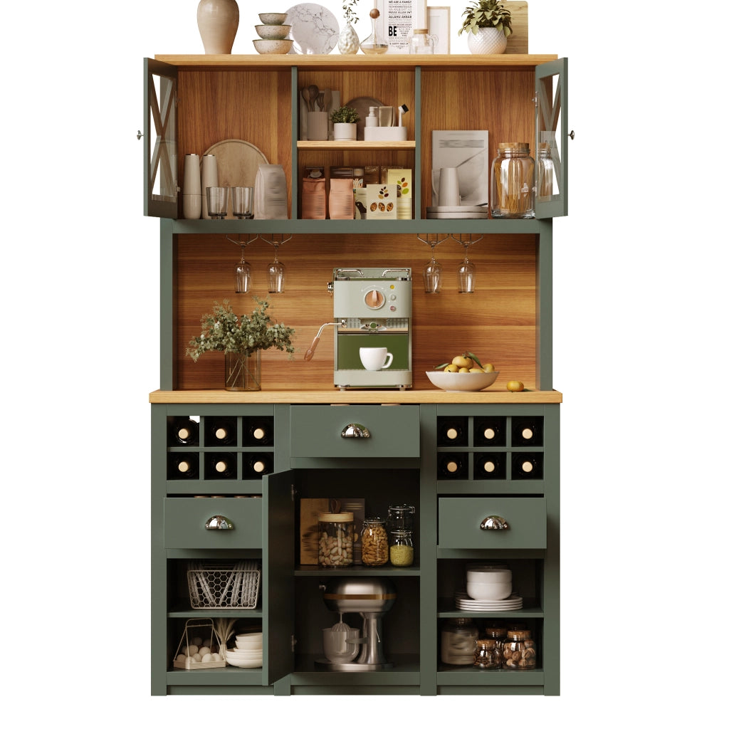 Mobile Cucina Alto con Ante in Vetro e LED, Portabottiglie ¨C MINIMAL ¨C Verde 120x45x188 cm