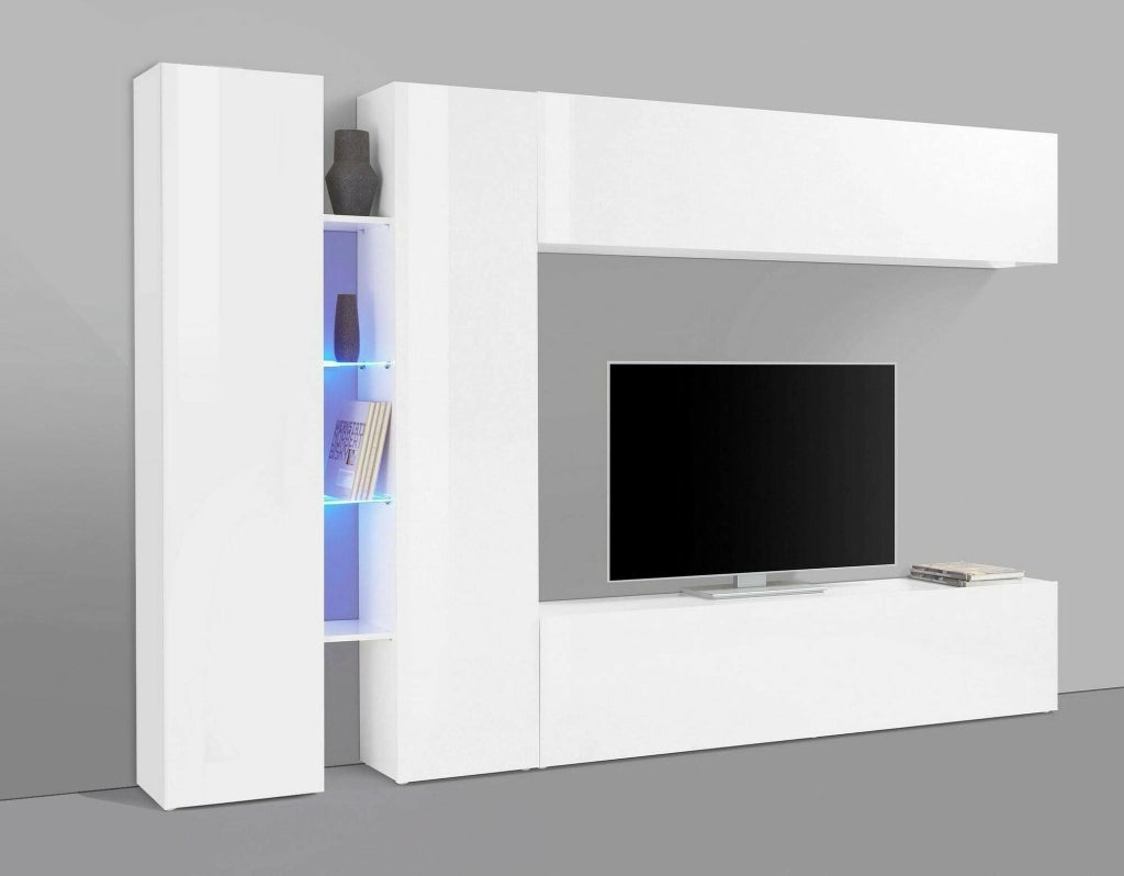 Mobile Soggiorno Enstatite, Parete Attrezzata 15 Ripiani Made in Italy, 280x30x180h cm Bianco Lucido