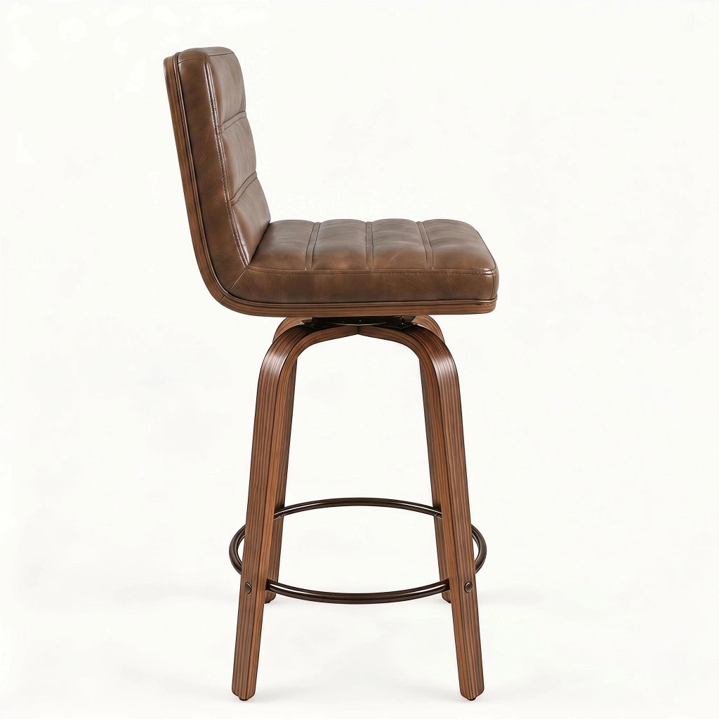 Sgabello da bar girevole con schienale ergonomico, anello poggiapiedi e piedini antiscivolo in PU e legno marrone rossiccio