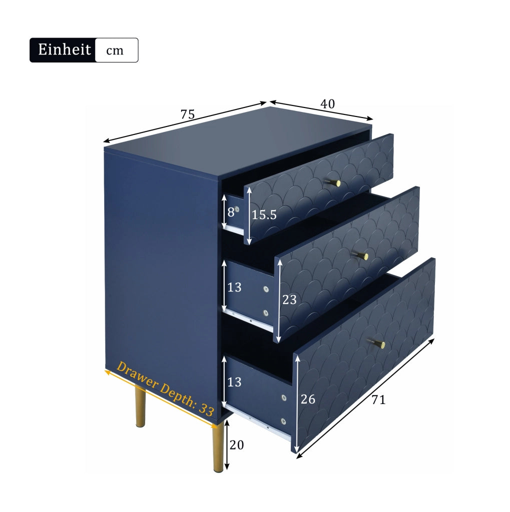 Comò con 3 cassetti blu navy, 75x40x89 cm