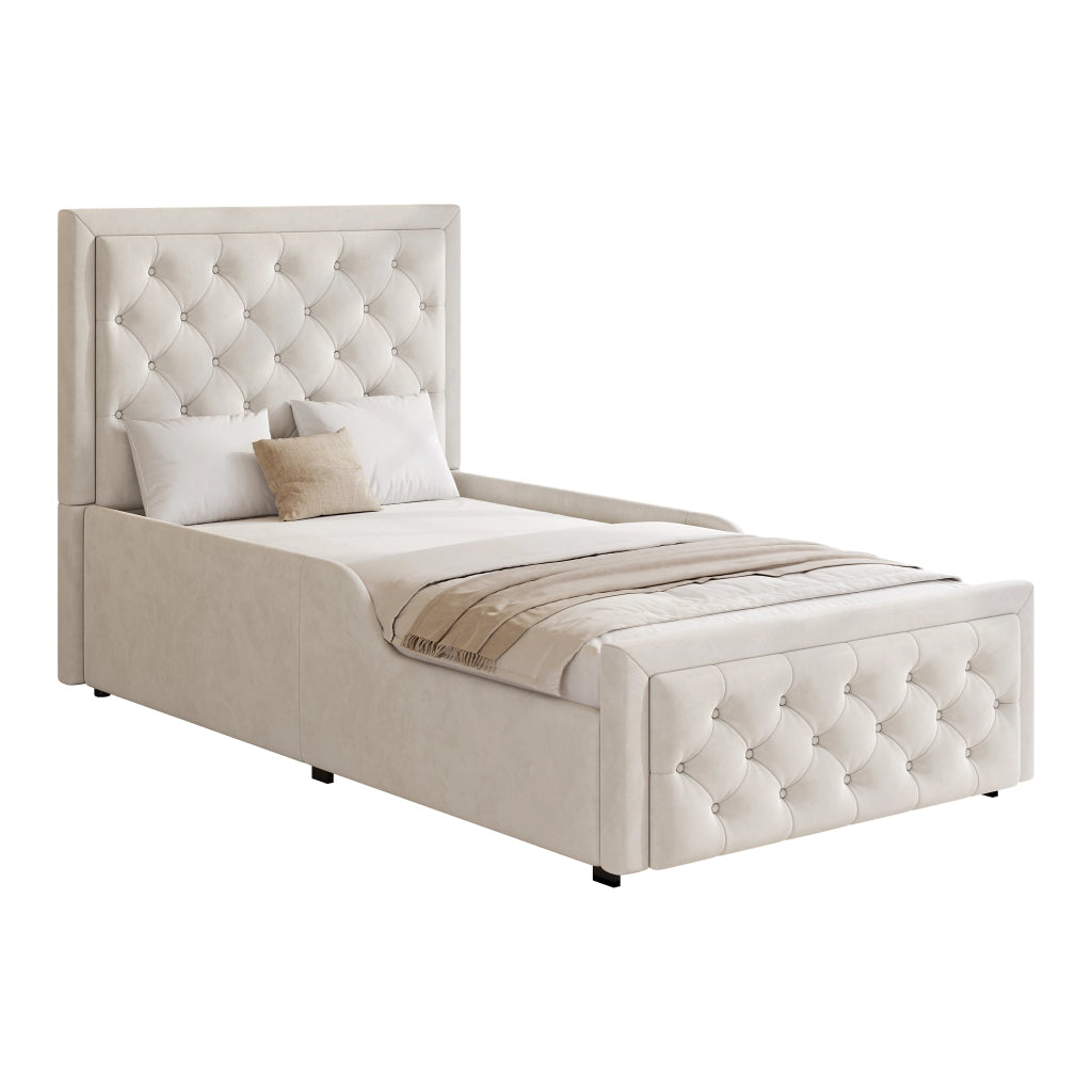 Letto Contenitore Singolo Imbottito ¨C MINIMAL ¨C Velluto Beige 90x200 con Rete a Doghe e Testiera