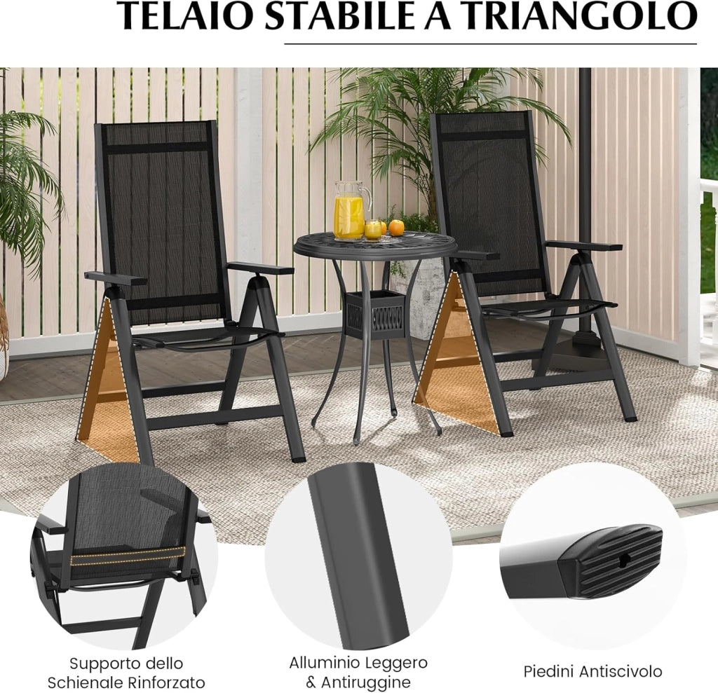 Sedie Pieghevoli da Patio, Sedie in Metallo con Schienale Regolabile su 7 Posizioni, Braccioli, Sedie Reclinabili Portatili per Giardino, Veranda, Piscina, 72,5 x 58 x 107 cm (2)