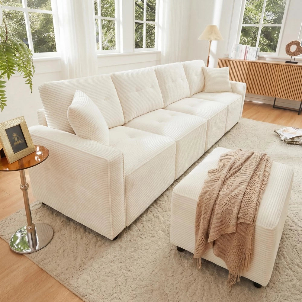 Divano 4 posti con contenitore e poggiapiedi ¨C Minimal ¨C Beige velluto 280x146x85 cm