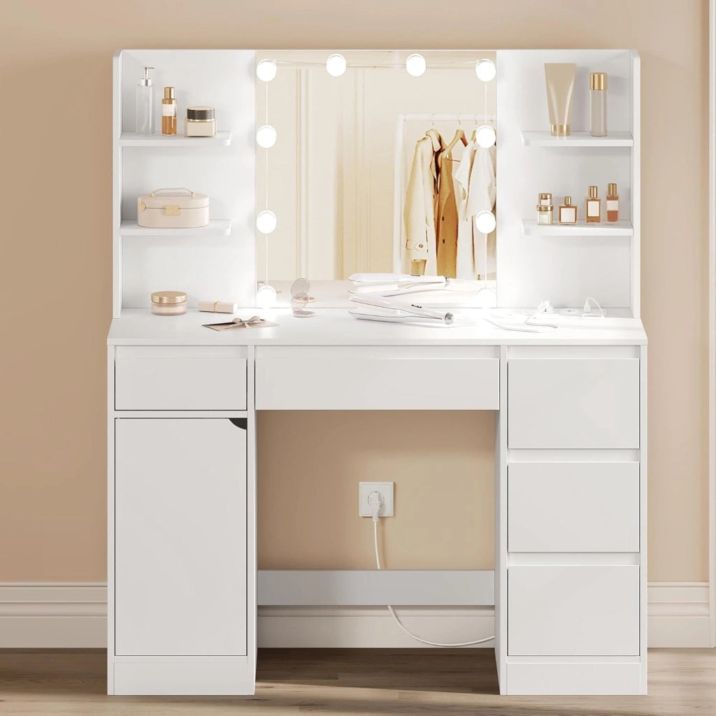 Toeletta Trucco con Specchio LED, Tavolo da Trucco con Sgabello e 4 Cassetti, Luci Regolabili a 3 Colori, Design Moderno Bianco per Camera da Letto