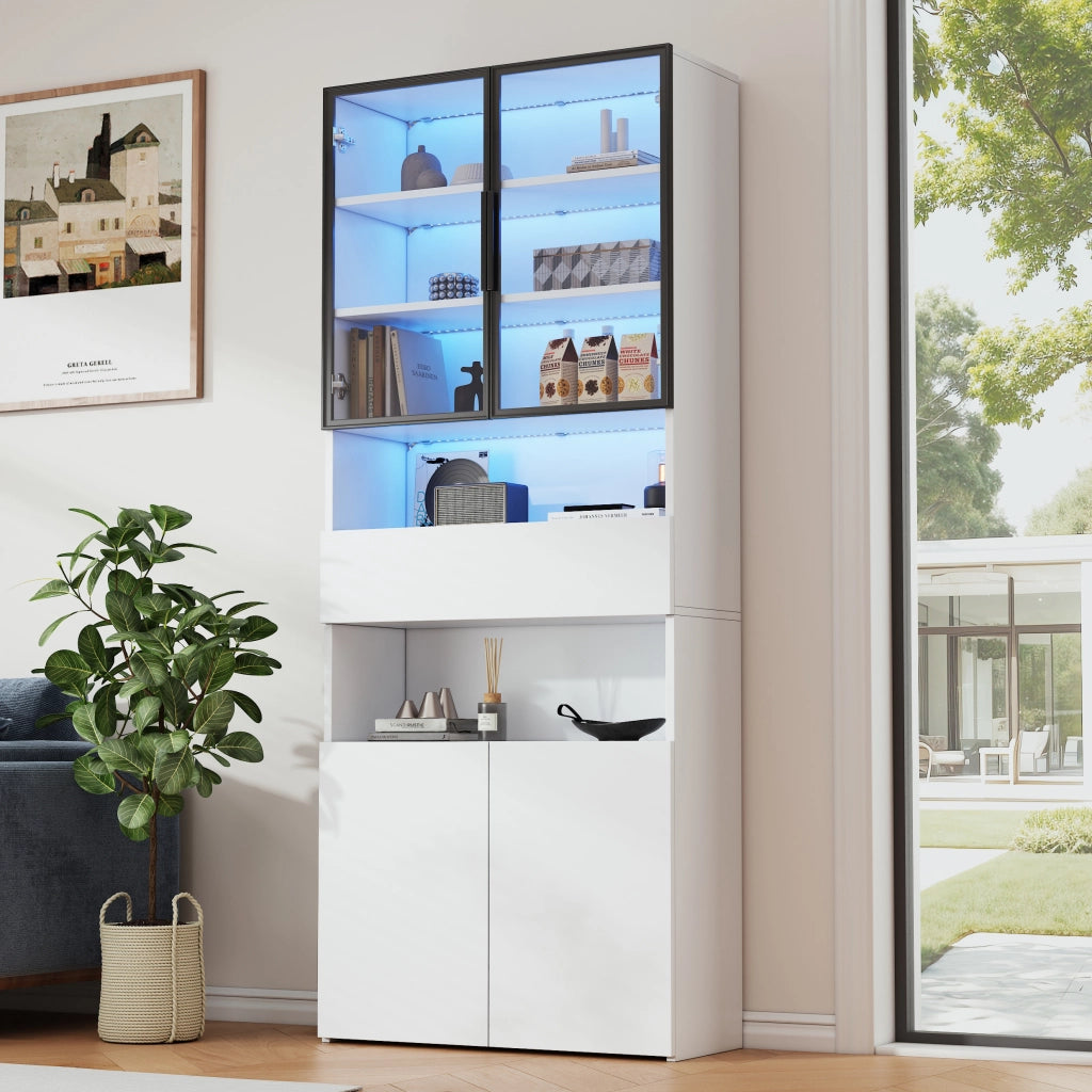 Vetrina con 2 ante in vetro, 1 cassetto, 2 vani aperti e LED, per soggiorno, in truciolare, bianco, 70 × 30 × 200 cm