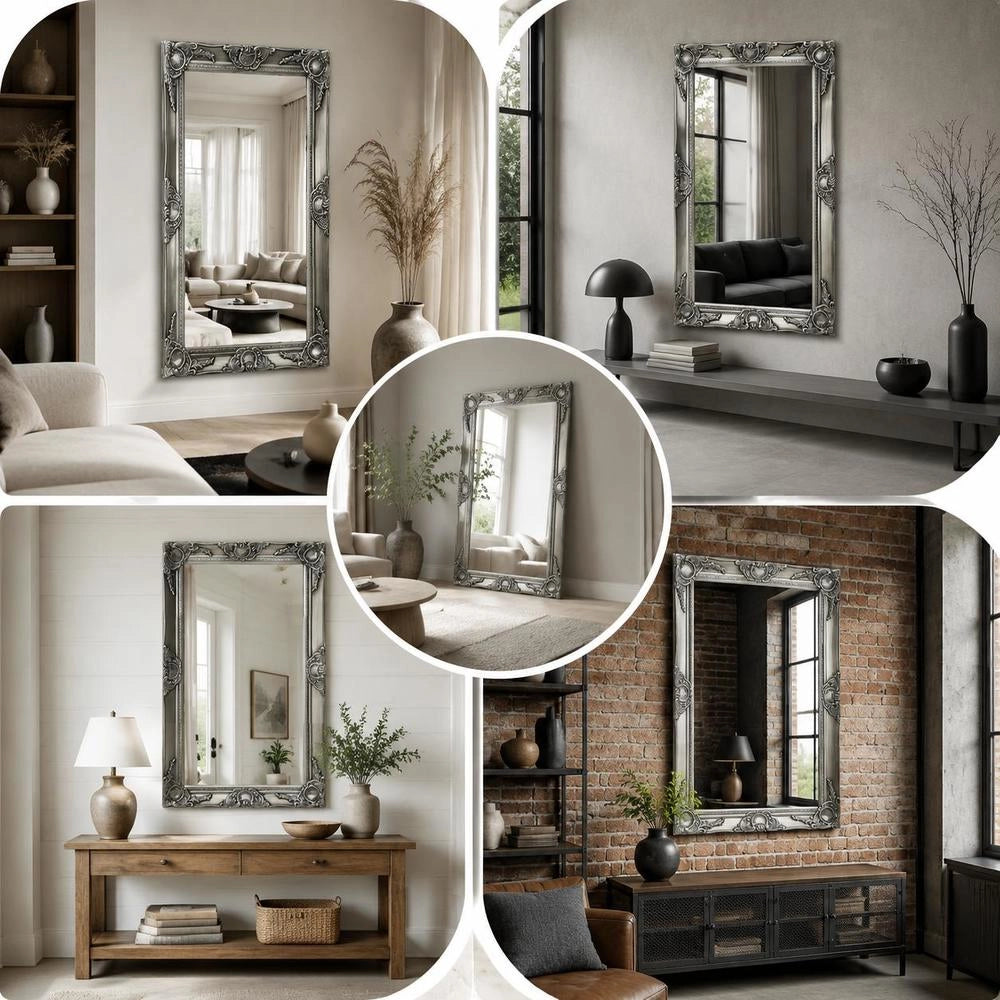 Baroque-style Wall Mirror, 50x80 Cm, Silver