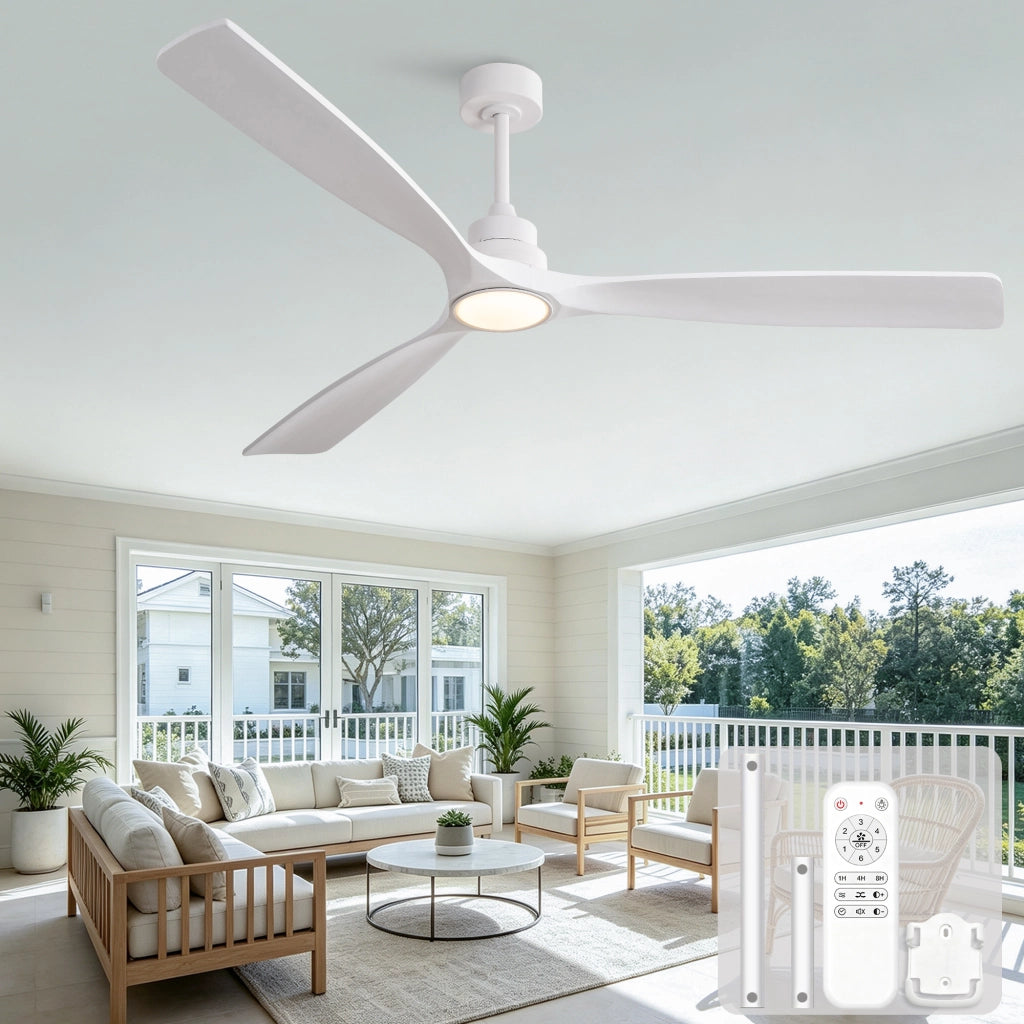 Ventilatore da soffitto bianco puro 70 pollici, 3 pale ad elica rinforzate in legno massello, motore DC reversibile silenzioso, design moderno
