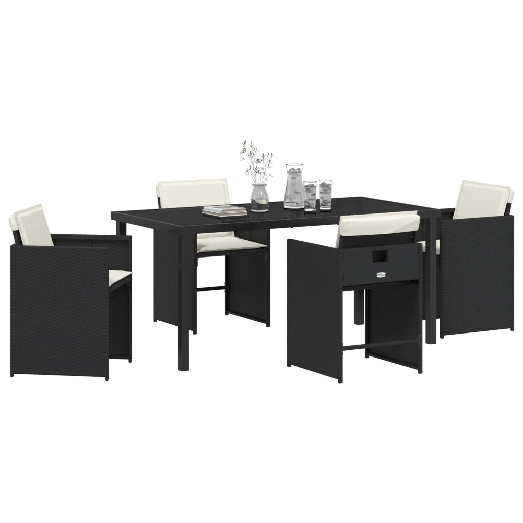 Set da pranzo da giardino di 5 pezzi con cuscini Nero Polyrattan