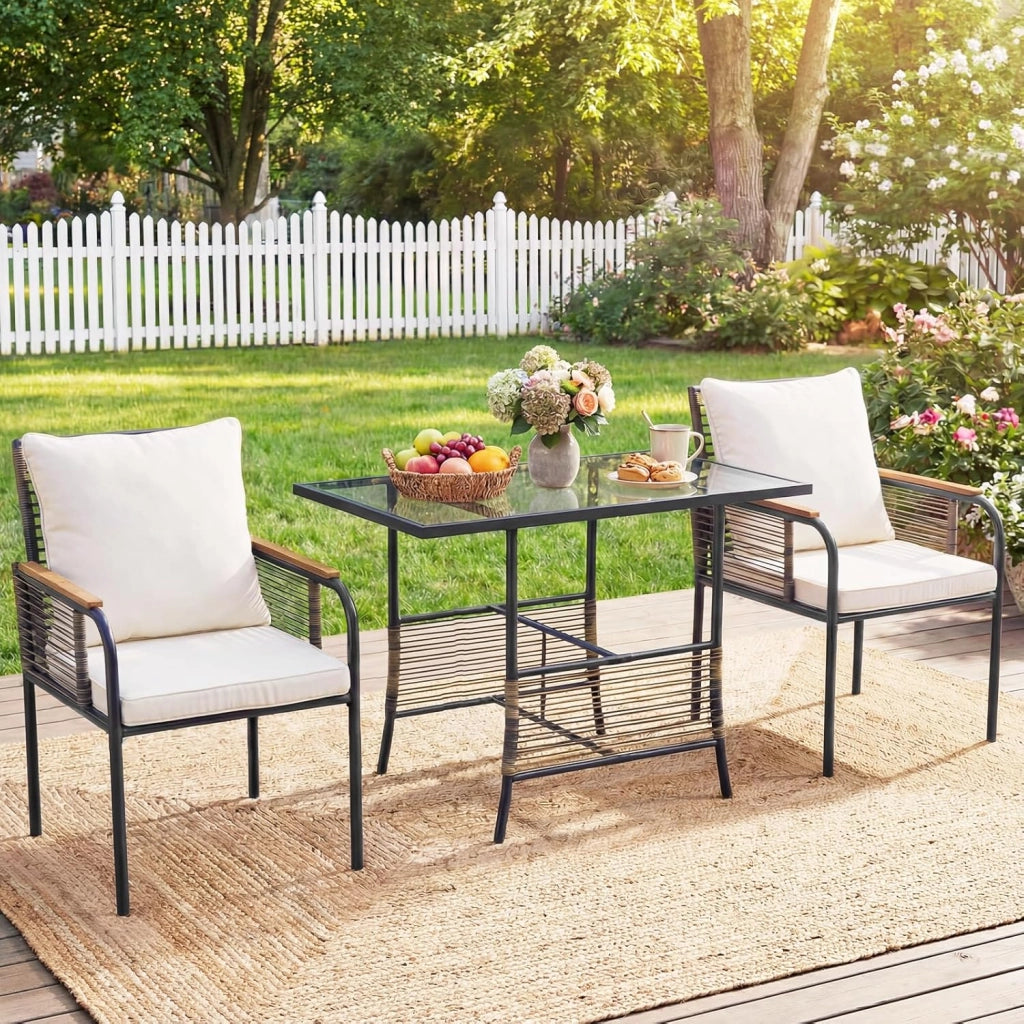 Set Salottino da Giardino in Vimini, Set di Mobili da 3 Pezzi per Esterno Salvaspazio con Cuscini, Tavolo Rettangolare e Sedie in Rattan per Balcone, Veranda, Giardino e Cortile (Beige)