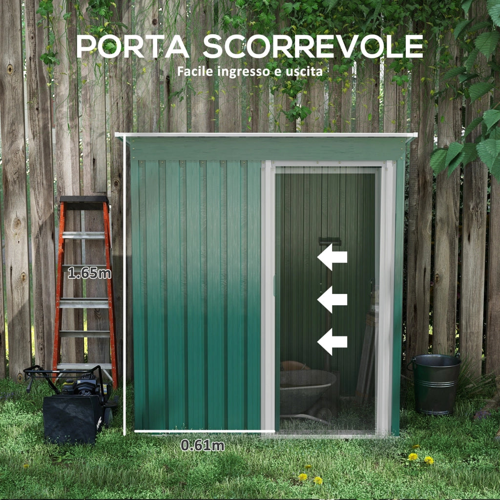 Casetta Porta Attrezzi con Tetto Inclinato e Porta Scorrevole 163x89x182 cm in Acciaio Zincato Verde