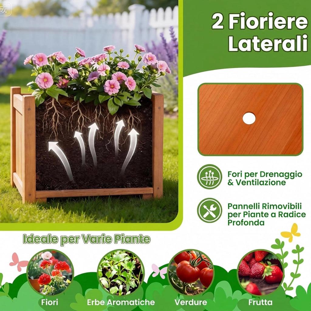 Arco da Giardino con Fioriere, Letto da Giardino Rialzato con Traliccio, Tetto, Fori di Drenaggio, Fondo Rimovibile e Cancelli Chiudibili, Pergolato da Esterno in Legno per Feste e Matrinomio