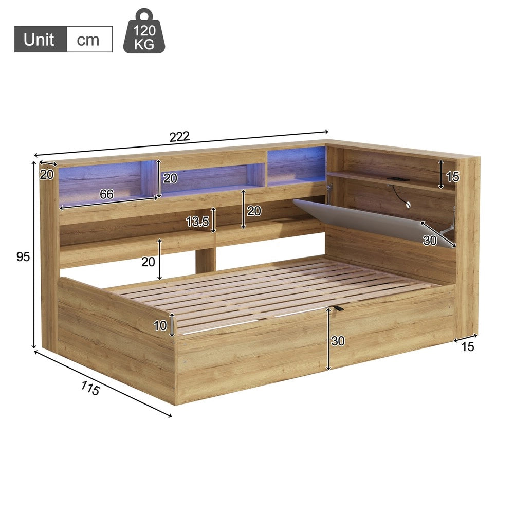 Letto Contenitore con LED e USB ¨C Xylo ¨C Legno Naturale 90x200