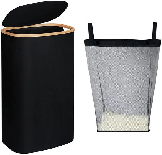 Wastino 110L con coperchio, lavandino sottile con maniglia in bambù e sacchetto lavabile, lavandini con coperchio, lavandini per bagno, camera da letto, area lavanderia (nero)