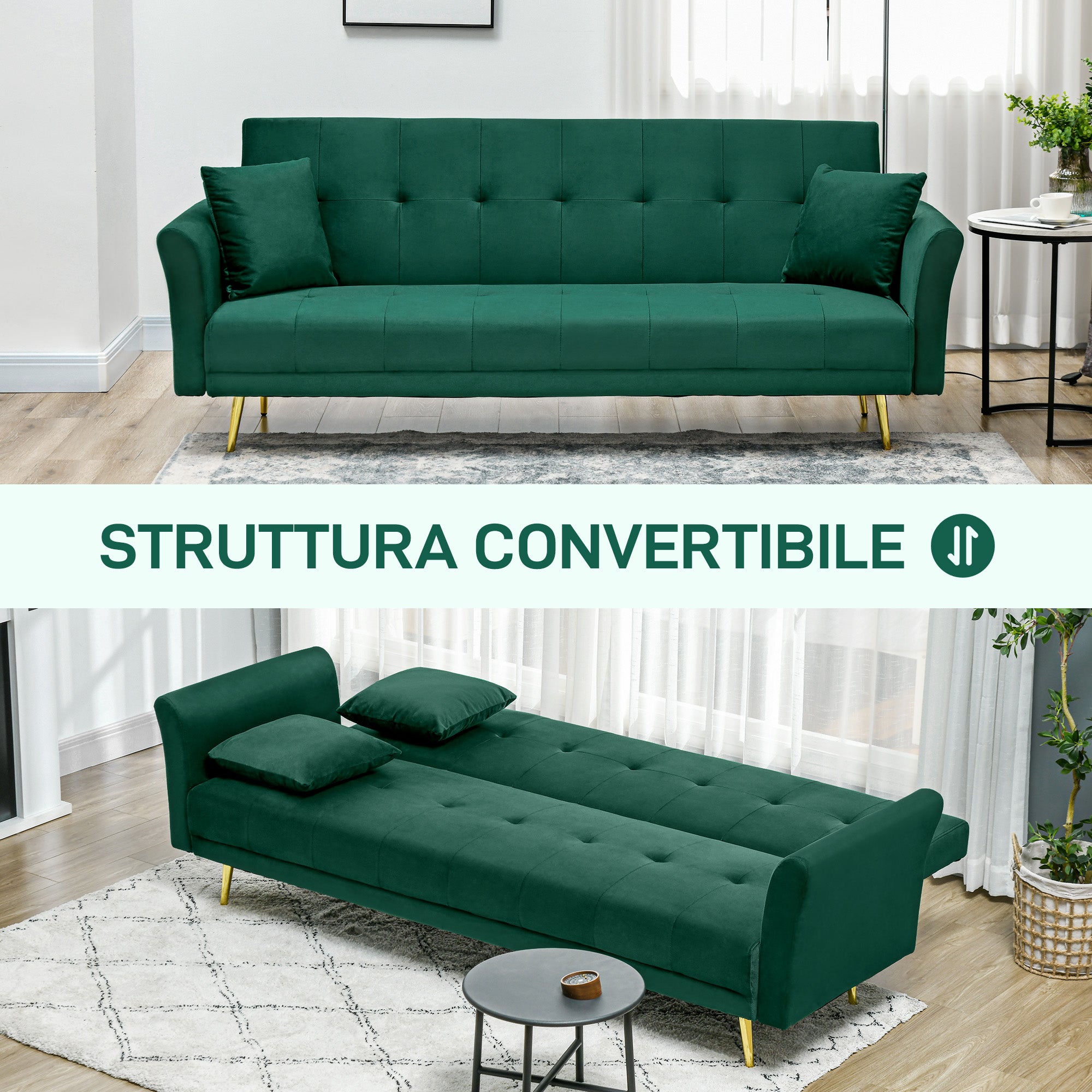 Divano Letto Singolo Clic Clac con Schienale Regolabile 215x83x87 cm in Tessuto Effetto Velluto con 2 Cuscini Verde