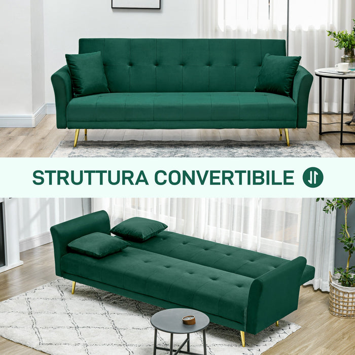 Divano Letto Singolo Clic Clac con Schienale Regolabile 215x83x87 cm in Tessuto Effetto Velluto con 2 Cuscini Verde