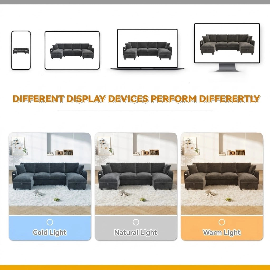 Divano a U con chaise longue e vano contenitore, 1 USB e 1 Type-C, in chenille grigio 279 × 135 × 84 cm