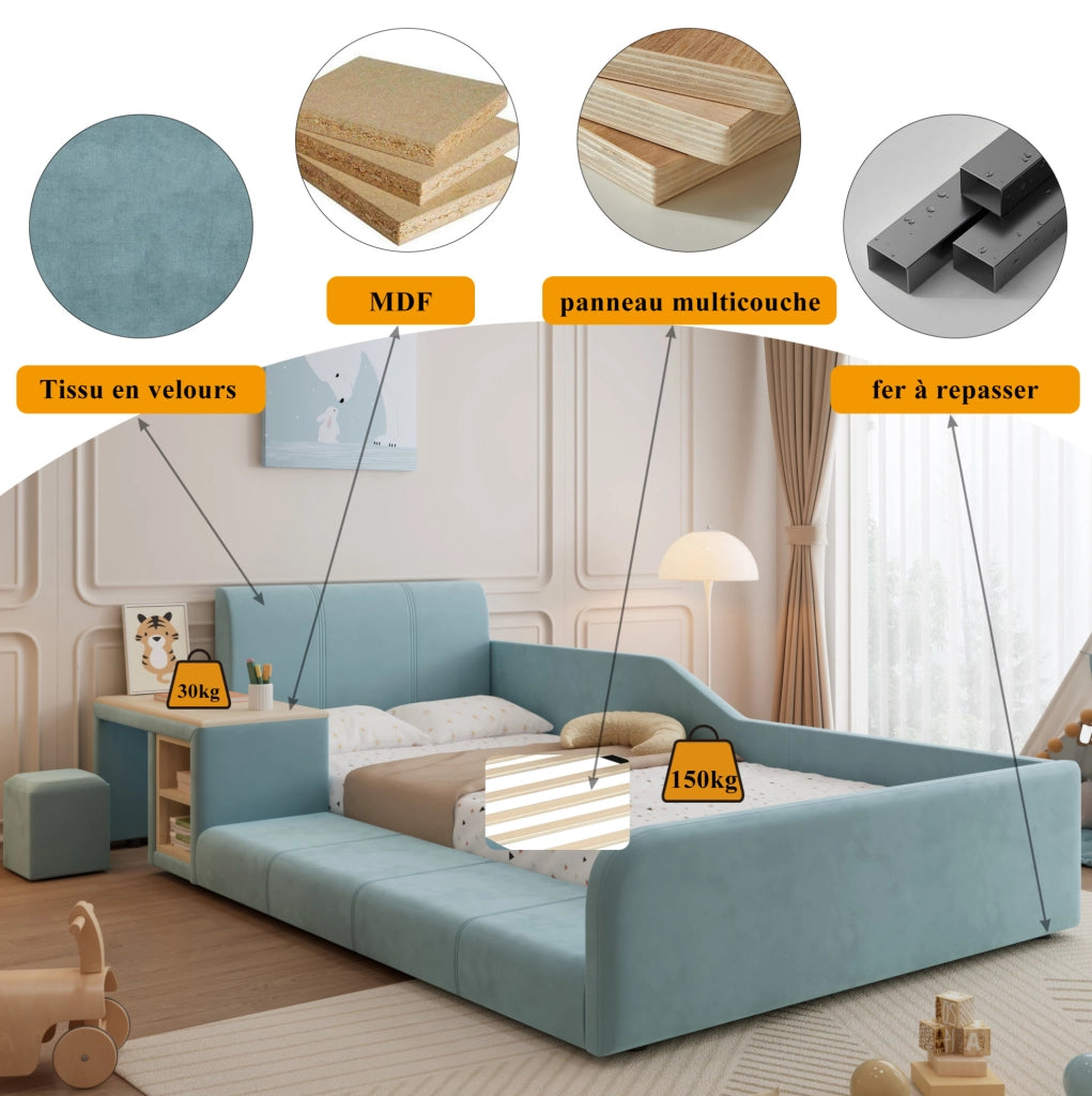 Letto singolo imbottito 90x200 cm con scrivania laterale e sgabello; velluto blu