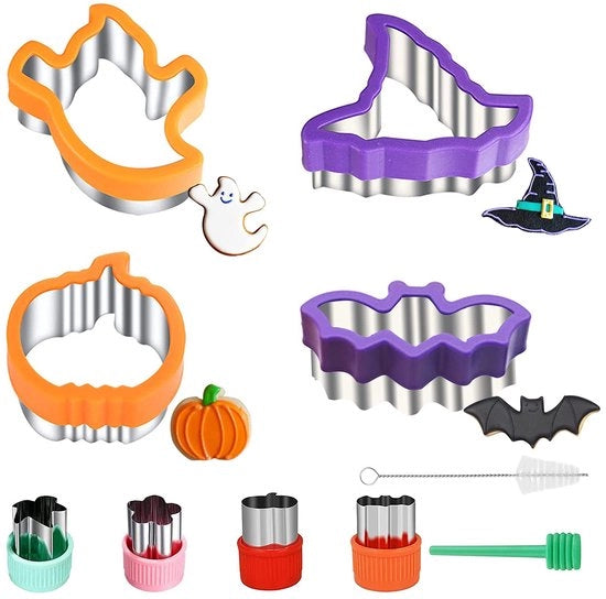 Set di biscotti a forma di Halloween, 10 pezzi di biscotti a forma variabile, inclusi zuccherino, fantasma, pipistrello, cappello a stella, verdure e frutta, in acciaio inossidabile, per cuocere con i bambini