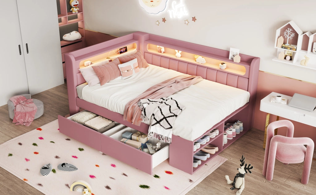 DESMIU Letto a divano 90 × 200 cm 1 posto con USB, LED, 2 cassetti, scarpiera, senza materasso, rosa