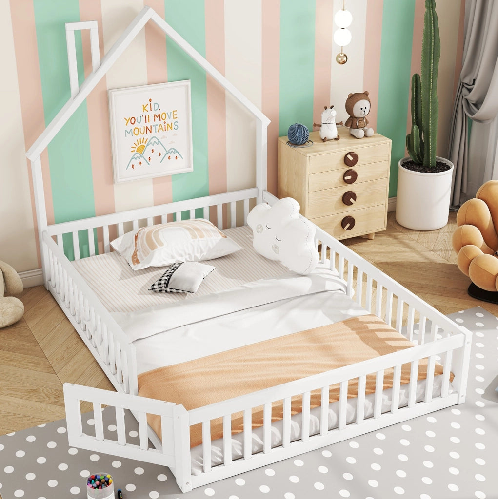 Letto per bambini 140x200 cm; forma camino; legno; bianco (Senza materasso)