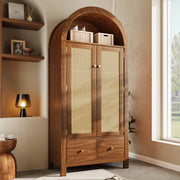 ARMADIO ad arco 181x78x45 cm in effetto noce con intreccio rattan e 2 cassetti