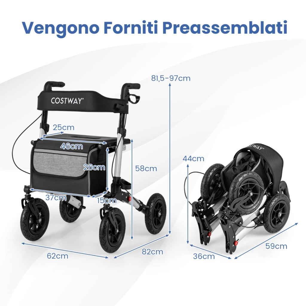 Deambulatore pieghevole con pneumatici per tutti i terreni per anziani, Deambulatore pieghevole e struttura leggera Argento-Salute e bellezza