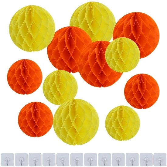 Decorazioni per Feste - Strisce di Papier a Forma di Miele 15,2/25,4 cm - 12 Pezzi - Pompon Arancione/Giallo - Ganci trasparenti - Duraturo e Riciclabile - Decorazione per Feste